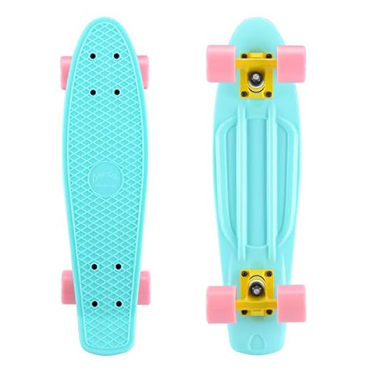 SANVIEW Complete 22 Inch Mini Cruiser Skateboard for Youths Beginners or Kids (Cute Blue Pink Wheel)