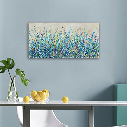 Image of Abstract Floral Canvas Wall Art,Teal Botanical Canvas Pictures Blue Leaf Blossom Spring Painting Wall Decor for Living Room Bedroom Kitchen Home Office Decoration Framed 24 inchX48 inch