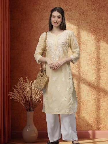 Image of Seva Chikan Hand Embroidered Lucknowi Chikankari Appricoat Peach Terivoil Cotton Kurta for Women SCL4603