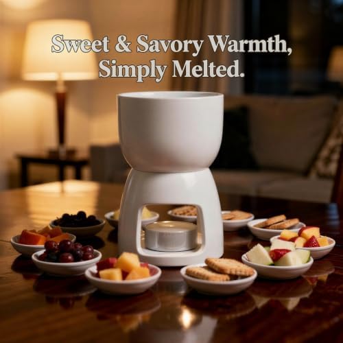 White Ceramic Chocolate Fondue Cup with Fork Set, 5.2 fl oz / 150 mL Mini Butter and Cheese Melting Pot, Sturdy Heat-Safe Design, Cheese Melting Pot for Dessert Dinners, Wedding, Party - 2