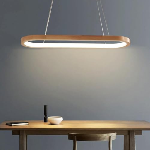 Deliouay Dimmbare Moderne LED Pendelleuchte, LED Büro Holz Hängeleuchte, Esszimmer Esstischlampe Hängend Lampe mit Fernbedienung Moderne Oval Hängelampe, für Wohnzimmer Kücheninsel Leuchten (120 cm)