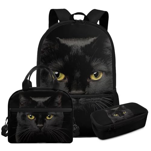 Black Cat Backpack for School Boys Kids Bookbag and Lunch Box Set Boys 3PCS 17inch Lightweight Schoolbags Travel Rucksack Elementary Primary Student School Backpack Set