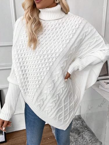 Image of MakeMeChic Women's Turtleneck Cable Knit Poncho Sweater Asymmetrical Long Sleeve Pullover Top White Large