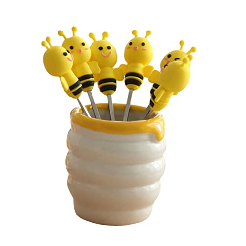 ULTECHNOVO 7Pcs Stainless Steel Fruit Forks Set with Ceramic Holder for Party Picks and Appetizers Includes Fruit Forks for Cakes Pastries Desserts and Salads