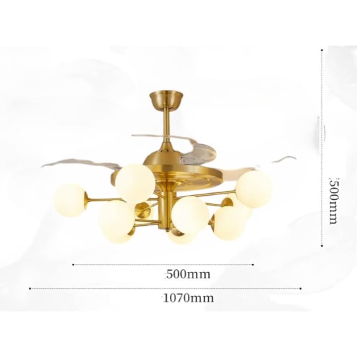 Image of HDC 12-Light Gold Frost Glass Ceiling Fan Chandelier - Modern Retractable Blade Fan with LED 3-Color Settings & Remote Control - Luxury Fan for Living Room, Hall & Bedroom (Bulb not Included)