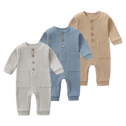 Image of BeiVSlley Newborn Baby Boy Girl 2 Pack Button Solid Romper Infant Long sleeve Knit Cotton Footless Outfits Clothes
