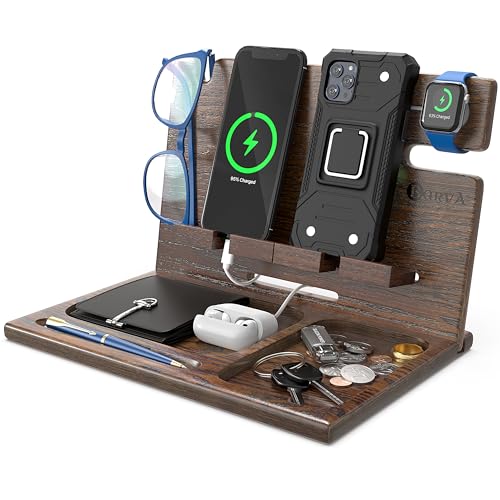 Image of BarvA Two Phone Docking Station | Night Stand Desk Organizer | Wood Nightstand Organizer | Tablet Smart Watch Earbuds Charging Station | Upgraded Dresser Phone Stand | Bed Room Decor Gifts for Men