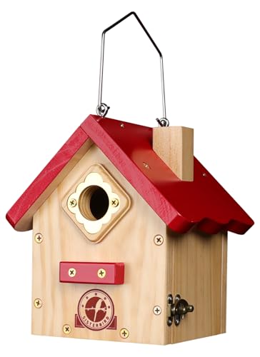 SISTERBIRD Wren Bird House Premium Wooden Bird Houses for Outside Classic Cabin Design Birdhouses for Outdoors Hanging Bird House Red-Breasted Nuthatch Wren Chickadee