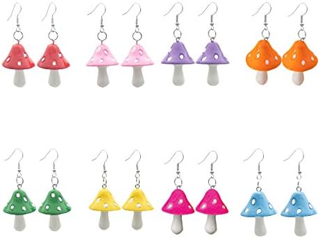 Just Follow Mushroom Shape Dangle Earrings Sweet Fresh Chic Charm Mushroom Drop Earrings for Women Girls 3D Cute Funny Simulation Mushroom Food Earrings (Mushroom Shape Dangle Earrings 8 pairs)