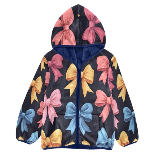 Colorful Bows on Black Toddler Fleece Jacket Girl Boys Hooded Fleece Jacket Coat Warm Outwear Zip-up 3-10T