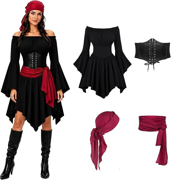 Pirate Costume Women Fancy Dress For Adults Halloween Costumes For Women Plus Size Womens Pirate Costume Adult Ladies Cosplay Accessories Includes 3pcs with 1 Corset Belt,1 Pirate Headscarf, 1 Sash — image 1