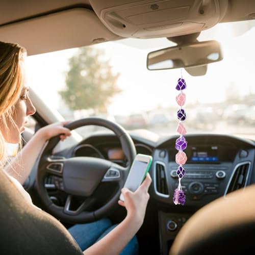 Image of Runyangshi Hanging Car Charm Amethyst Rose Quartz Healing Crystal and Stones Natural Crystals Car Hanging Omament with Chips Stones Accessories Rearview Mirror Decorations