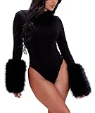NIFTRIRY Bodysuits for Women Sexy Rompers Long Sleeve with Faux Fur Cuffs Going Out Tops Club Outfits Jumpsuits