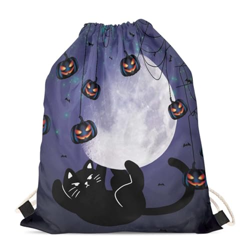 JooMeryer Funny Halloween Drawstring Bag Shoulder Bag Trick or Treat Backpack Lightweight Soccer Ball Bag Gift,Cute Cat Moon Bat4