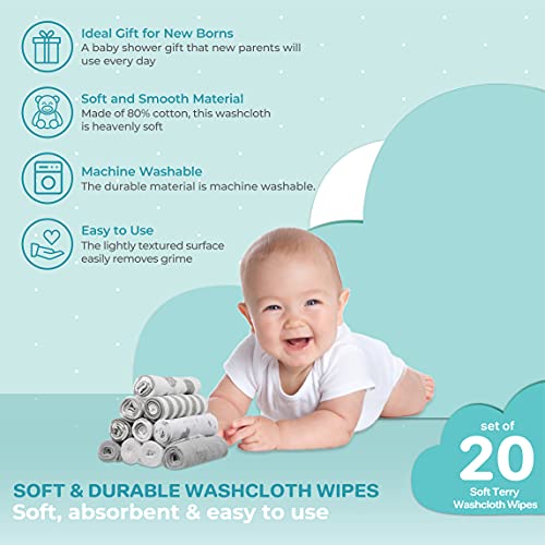 Image of Spasilk 20-Piece Washcloth Set for Newborn Boys and Girls, Soft Terry Baby Washcloths, Baby Essentials, Gray Celestial