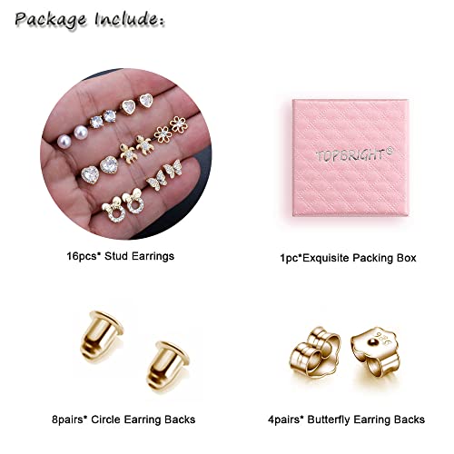 TOPBRIGHT 8 Pairs Hypoallergenic Earrings 925 Sterling Silver Stud Earrings White Heart CZ Tiny Butterfly For Kids, Toddlers, Little Girls, Teens, Women