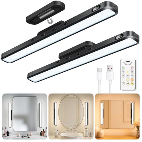 WILLED 3W Mirror Lights with Remote Control,Eye-Friendly Magnetic Light Bar with Battery Level Display,Adjustable Color Temperatures Vanity Lights for Mirror,Makeup Lighting for Bathroom(2 Pack)