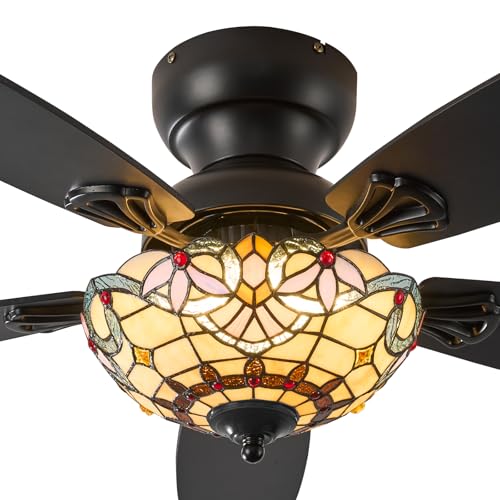 Yanokooe Tiffany Ceiling Fans with Lights - 48' Ceiling Fan Chandelier with 5 Dual-Blades and Glass...