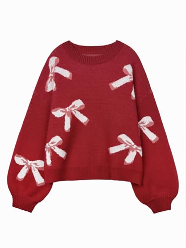 Image of Libsorge Womens Oversized Cute Bows Crewneck Cozy Pullover Sweater | Fall Winter Trendy Long Shoulder Balloon Sleeve Knit Baggy Printed Dressy Casual Valentines Day Vintage Sweaters
