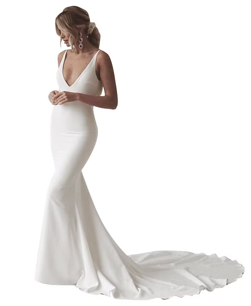 【服装】Simple Boho Wedding Dresses for Bride 礼服2023 Mermaid Lace Spaghetti Straps V Neck Beach Bridal Gowns