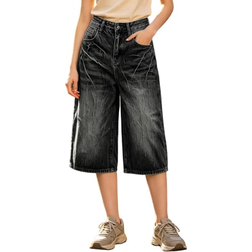 Pantalones capri de verano para mujer en vaquero ancho de algodón con bolsillos cómodos