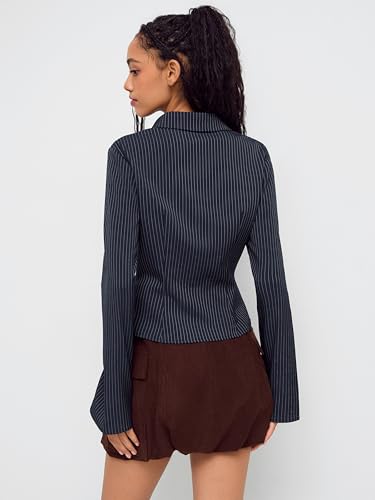 CIDER Long Sleeve Shirts for Women Striped Blouse Cinched Waist Bell Sleeve Collar Shirt Office Work3