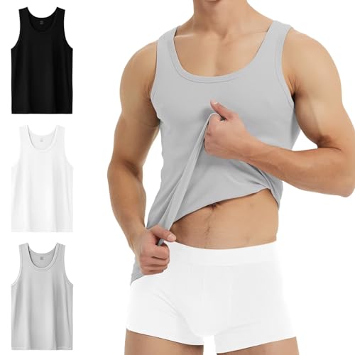 YouShow Tank Top Herren Unterhemd Männer 100% Hochwertige Baumwolle Gym 3er Pack Schwarz Weiß Grau L