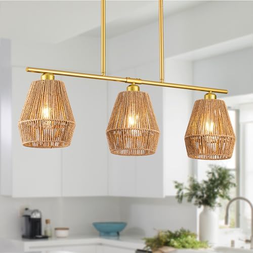 Ledshaoyue 3-Light Rattan Kitchen Island Light Fixture, Boho Pendant ...