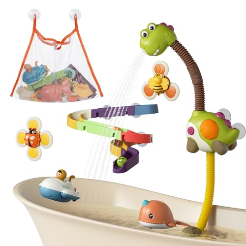 Image of TUMAMA Baby Bath Toy,Bathtub Toys with Dinosaur Shower Head,Suction Spinner Toys,Wind-Up Toys,Splicing Slides,Spray Squirt Shower Faucet and Water Pump Summer Essentials for Kids Toddlers Infants