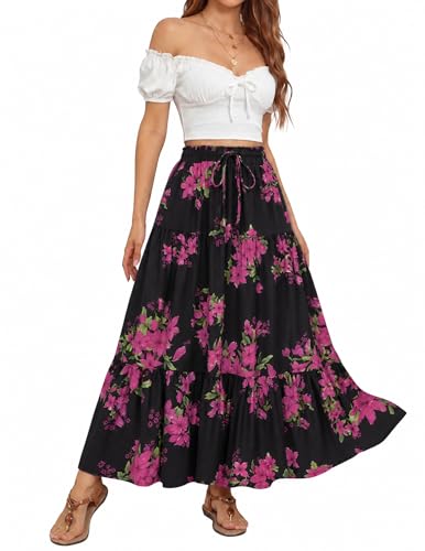 Image of ZESICA Women's 2026 Summer Bohemian Floral Printed Elastic Waist A Line Maxi Skirt with Pockets