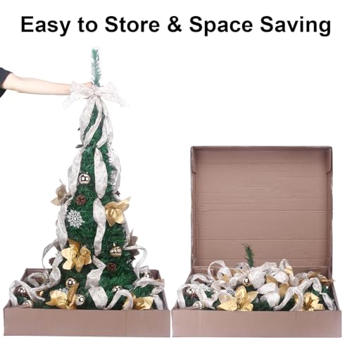 6FT Pull Up Christmas Tree with Remote Pop Up Christmas Tree with Lights Pre-lit 200LED Warm Lights - Artificial Xmas Trees Decorated Holiday Party Decorations Champagne Gold