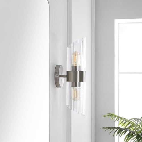 Image of SAFAVIEH Lighting Collection Eytan Clear Glass /Nickle Vertical Wall Sconce Set of 2 Light Fixture, Ideal for Bathroom, Entryway, Vanity, Foyer, Hallway, Living Room (LED Bulbs Included)