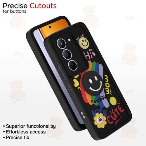 Image of Pikkme Back Cover for Realme Narzo 80x 5G / Realme P3x 5G / Realme 14X 5G | Soft Silicone| Cute Rainbow Smile & 3D Cartoon Flower Design | Shockproof Raised Camera Protection Bumper Case (Black)