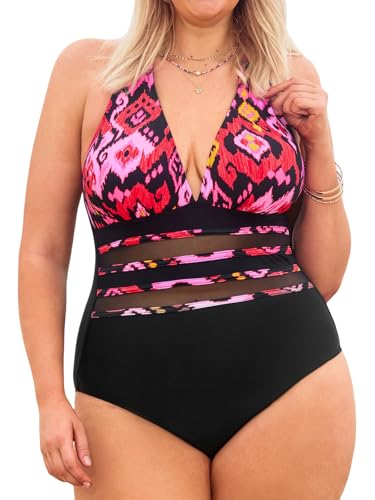 Maillot de bain une pièce grande taille femme col V plongeant et tulle ajustable CUPSHE