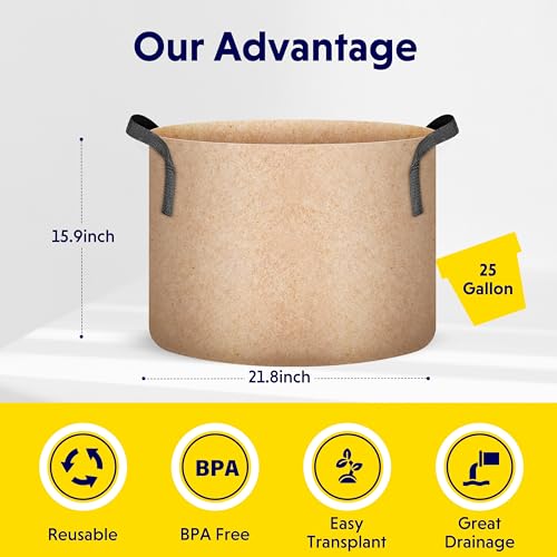 Image of iPower 5 Pack 25 Gallon Tan Grow Bags, Garden Planting Nonwoven Fabric Pots with Reinforced Handle, Heavy Duty and Aeration Planter Pot for Tomato, Fruits, Vegetables and Flowers