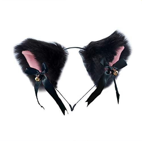 Fxaelian Comic Anime Cute Wolf Cat Dog Ears Hairband Headband Hair Clips with Bells Bows Halloween Cosplay Costume Party Headpiece Hair Accessories Hairclips for Women Men Unisex Black