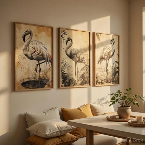 Image of Artify Flamingo Bird Wall Painting Set of 3 with Wooden Frames | Vintage Wildlife Bird Artwork HD Sparkle Laminated MDF Wall Decor | Elegant Flamingo Wall Art for Living Room Bedroom