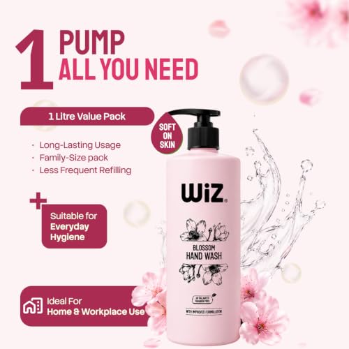 Image of Wiz Blossom Hand Wash 1 Litre Pump Bottle (Pack of 3) | Floral Fragrance Liquid Hand Soap | Moisturizing Daily Hand Cleanser for Kitchen & Bathroom | Gentle Formula for Everyday Hygiene