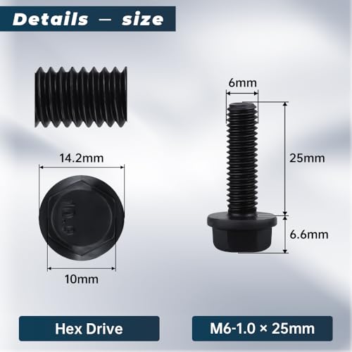 Image of Glvaner M6-1.0 x 25mm (25 pcs) Alloy Steel Flanged Washer Head Hex Bolts, Extra-Large Washer Head, 10.9 Grade Black Oxide Finish GB5789 Full Thread