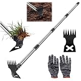 Audasi Attrezzo per Estirpare le Erbacce, Rastrello Manuale 2 in 1 e Zappa da Giardino Rastrello Sarchiatore Estirpatore Erbacce Manuale con Manico Lungo per Giardino Prato Patio