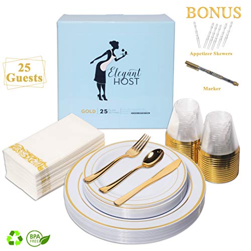 201 Piece Gold Disposable Plastic Party Plates Set of 25 Fancy Tableware Wedding Christmas Thanksgiving Dinnerware - Elegant Plate Cups Silverware Napkins Mini Appetizer Picks Marker for All Occasions