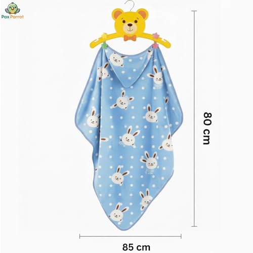 Image of Ultra-Soft Baby Hooded Blanket | Newborn Baby Wrapping | Coral Fleece Material Hypoallergenic | Towel Cum Blanket with Teddy Design (0-3Years) (Light Blue)