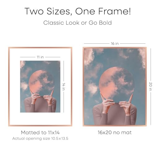Image of Homeforia Picture Frames 16x20 Rose Gold, High End Metal 16x20 Poster Frame with Mat 11x14 inch Photo, 16 x 20 Rose Gold Frame Matted to 11 by 14 Print, 20x16 Frame, Tempered Glass, Wall Kit, Set of 1