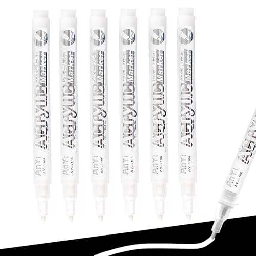 UYGTHI White Marker Pen, 6pcs 1cm Point Permanent Marker Pens Set White Fabric Pen Quick Dry, Waterproof Laundry Marker Pen for Paper Wood Fabric Rock Glass Plastic