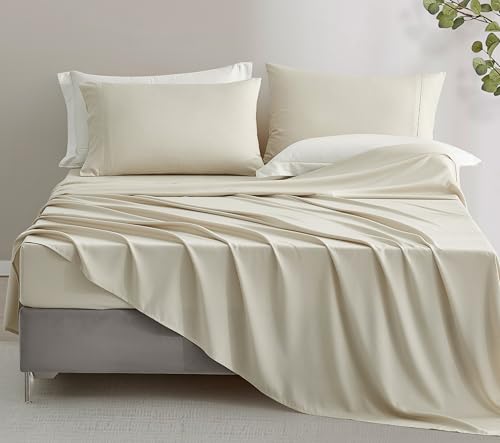 Chezmoi Collection 4-Piece Stone Washed Queen Sheet Set - Rayon Derived from Bamboo & Polyester Blended, Breathable & Cooling 15-Inches Deep Pocket Sheets & Pillowcases Set, Sand