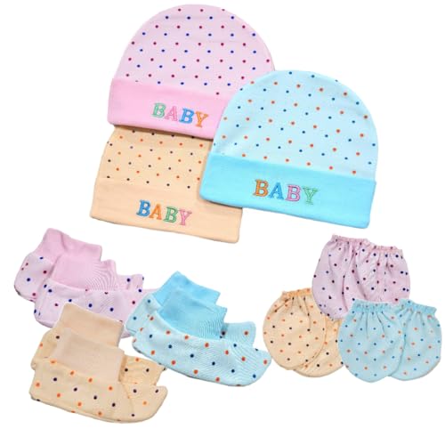 Image of BRANDONN Newborn Baby's Cotton Cap Mitten Bootie Set 0-6 Months, Pack Of 3 (0-6 Months),Assorted