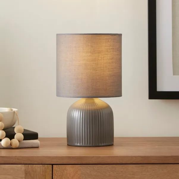 New Ribbed Ceramic Table Lamp – Modern Fabric Shade – E14 SES Fitting – Inline Switch – 4W Max – Compact Bedside or Desk Light M-01 (Graphite (Grey))