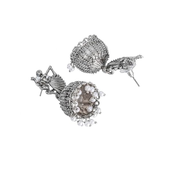 Shining Jewel Traditional Indian Matte Silver Oxidised CZ, Crystal Studded Dancing Lady Jhumka Earring For Women-Silver (SJE_151_S) - Image 5
