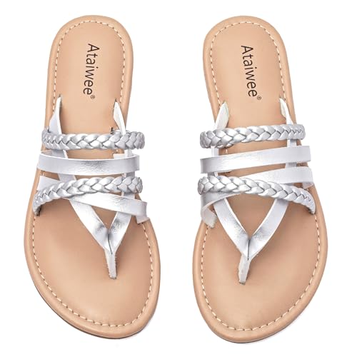 Image of Ataiwee Women's Flat Slide Sandals - Comfortable Open Toe Design,Casual Slip-On with Ankle Strap,Hook-and-Loop Closure Summer Sandals.