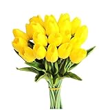 Mandy's 20pcs Yellow Artificial Tulip Silk Fake Flowers 13.5" for New Year Spring Mother's Day Easter Gifts in Bulk Home Kitchen Wedding Decorations